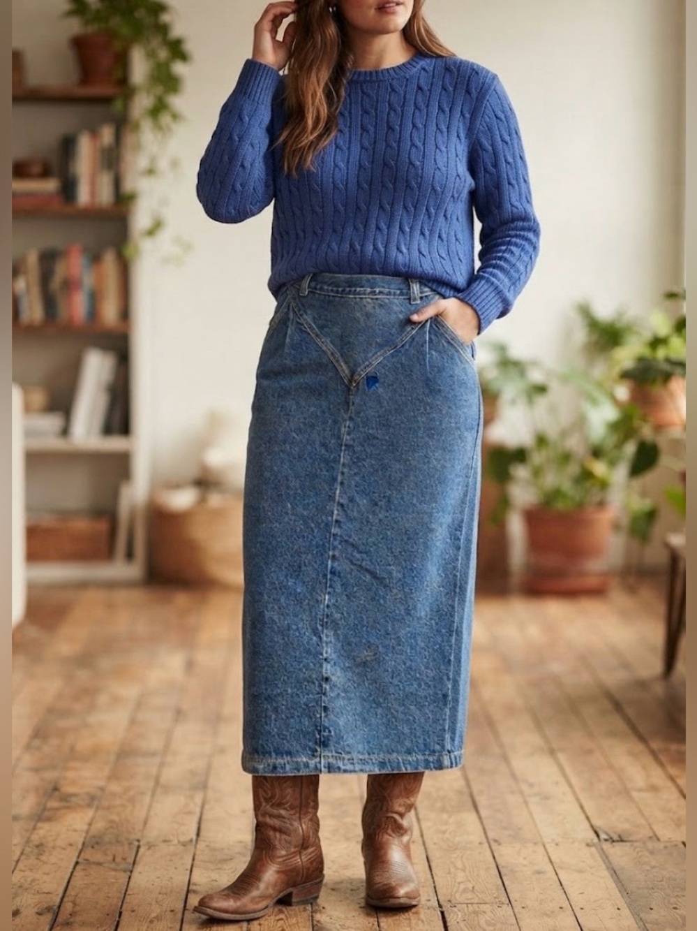 Vintage American Profile Jeanswear denim pencil skirt v yoke back slit pockets L